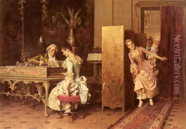 Signorina E Cavaliere (Young Lady and Cavalier) Oil Painting - Adriano Cecchi