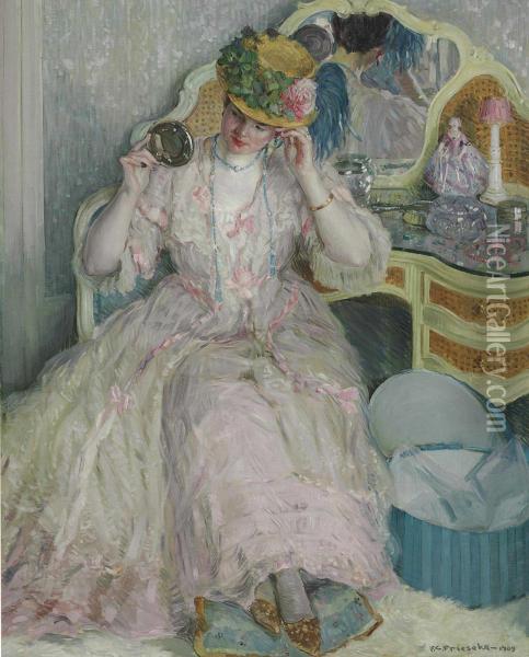 Lady Trying On A Hat Signed And Dated 'f.c. Frieseke- 1909' Oil On Canvas 64Â¼ X 52 In Oil Painting - Frederick Carl Frieseke