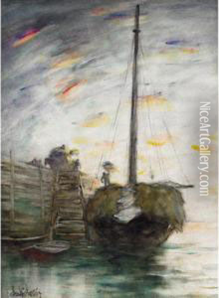 Unloading Hay Boat, Sunrise Oil Painting - Horatio Walker