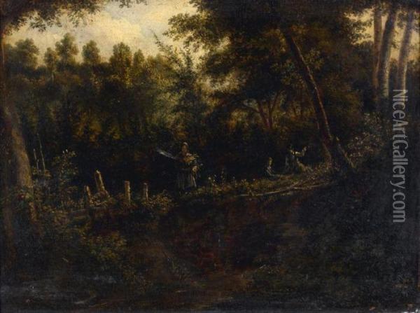 Paysanne Et Deux Adolescents Dans Un Sous-bois Oil Painting - Robert Leopold Leprince