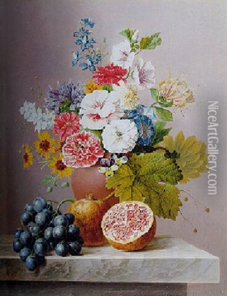 Poppies, A Hollyhock, Honeysuckle, Pansies And Other Flowers With Grapes And Pomegranates Oil Painting - Arnoldus Bloemers