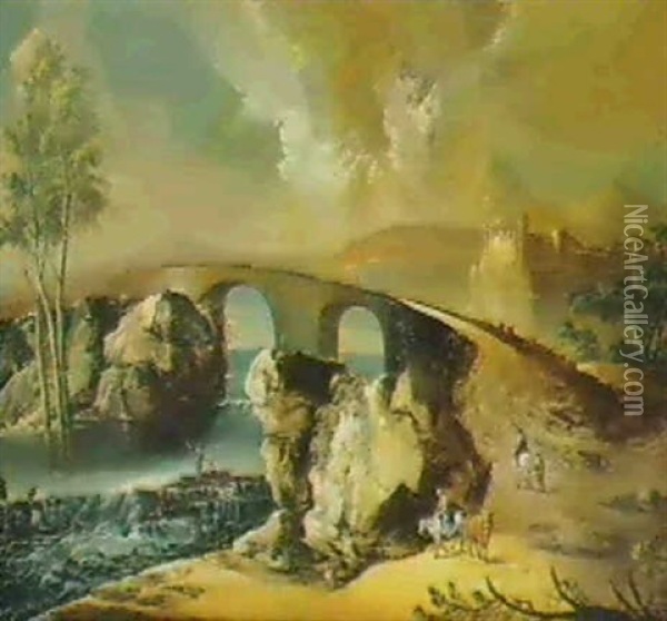 Paesaggio Con Grande Ponte E Figure Oil Painting - Marco Ricci