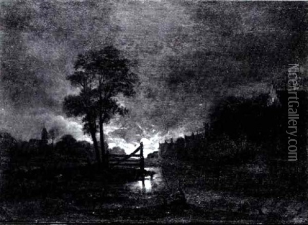 Moonlit Estuary With A Fisherman In The Foreground Oil Painting - Aert van der Neer