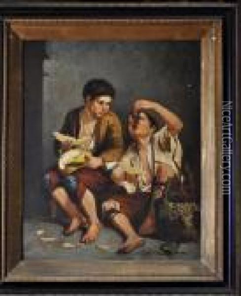 Two Boys Eating Pumpkin And Grapes Oil Painting - Bartolome Esteban Murillo