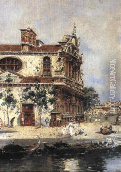 View Of The Church Of Santa Maria Zobenigo, Venice Oil Painting - Antonio Maria de Reyna Manescau