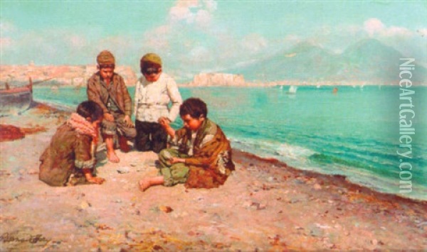 Fisherboys Playing Cards Along The Coast With The Bay Of Naples Beyond Oil Painting - Bernardo Hay