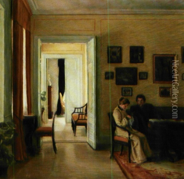 Interior Fra Et Herskabshjem Med Ung Pige, Der Syr Oil Painting - Christian Vilhelm Mourier-Petersen