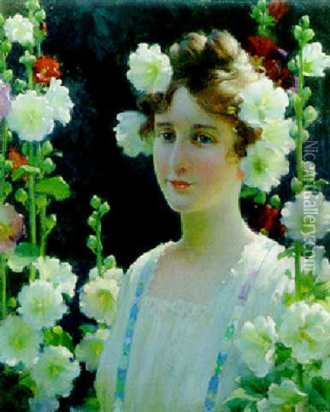 Among The Hollyhock Oil Painting - Charles Courtney Curran
