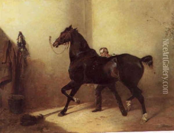 A Groom Rubbing Down A Horse In A Stable Oil Painting - Richard Ansdell