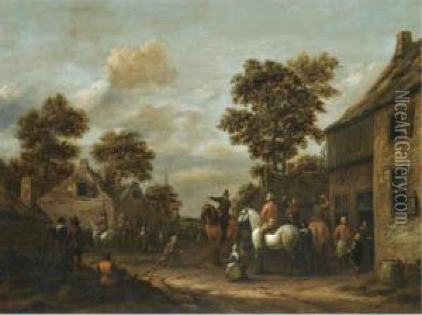 A Village Scene With Cavaliers And Other Figures Before A Tavern Oil Painting - Barent Gael