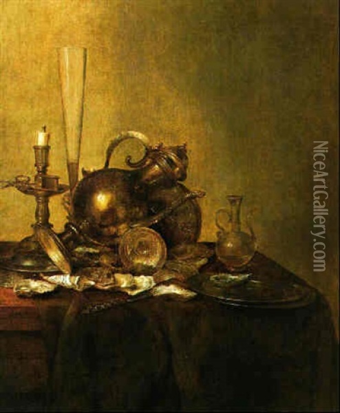 Still Life With A Silver Ewer, A Flute Glass,a Candlestick, Pewter Plates And Oysters Upon A Partly Draped Table Oil Painting - Willem Claesz Heda