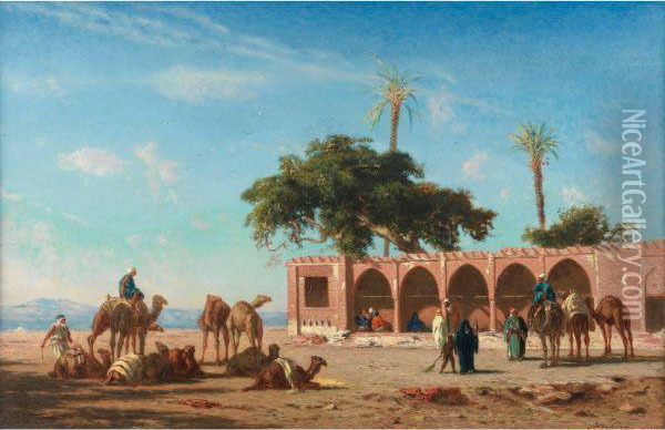 Le Repos De La Caravane A Siout, Egypte Oil Painting - Narcisse Berchere