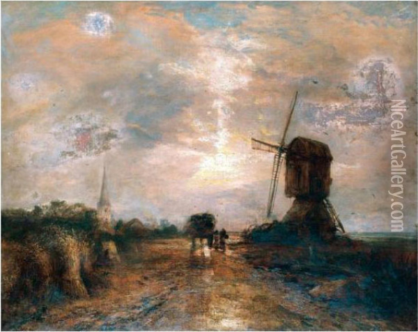 Coastal Landscape With Windmill Oil Painting - James Webb
