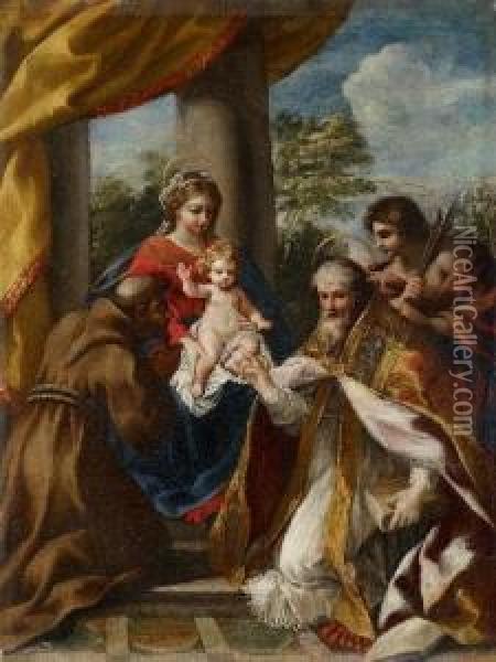 Madonna Mit Kind Und Denheiligen Franziskus, Stephan Und Sebastian Oil Painting - Giovanni Francesco Romanelli