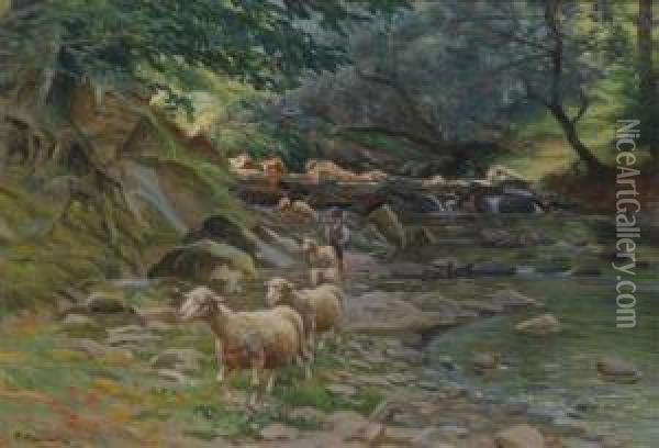 Flockof Sheep And Young Shepherds By The Bank Of A Stream Oil Painting - Ruggero Panerai