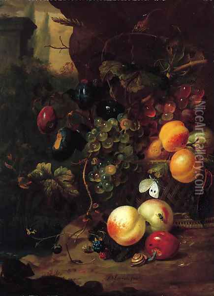 Peaches, plums, grapes on the vine and other fruit in a basket, with a snail, a dragonfly and a mouse, by a rock Oil Painting - Jan Mortel