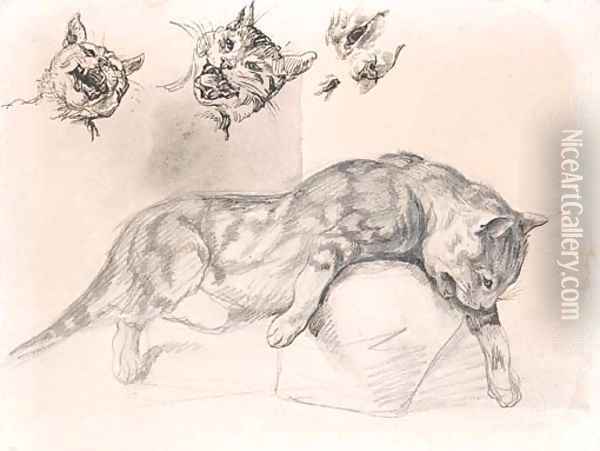 A cat, and three subsidiary studies of its head Oil Painting - Theodore Gericault