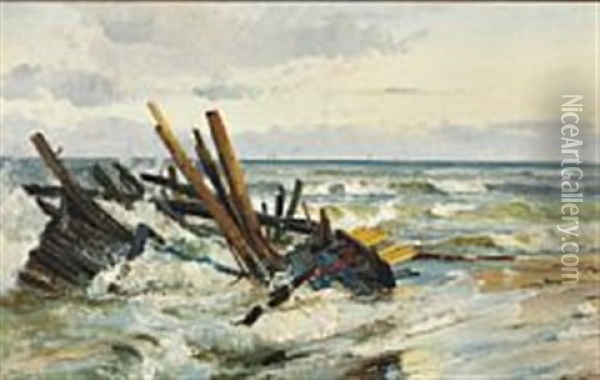 Shipwreck On The Beach At Skagen Oil Painting - Holger Henrik Herholdt Drachmann