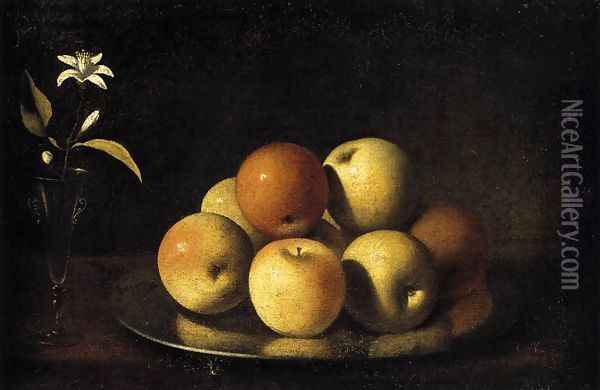 Still-Life with Plate of Apples and Orange Blossom c. 1640 Oil Painting - Juan de Zurbaran