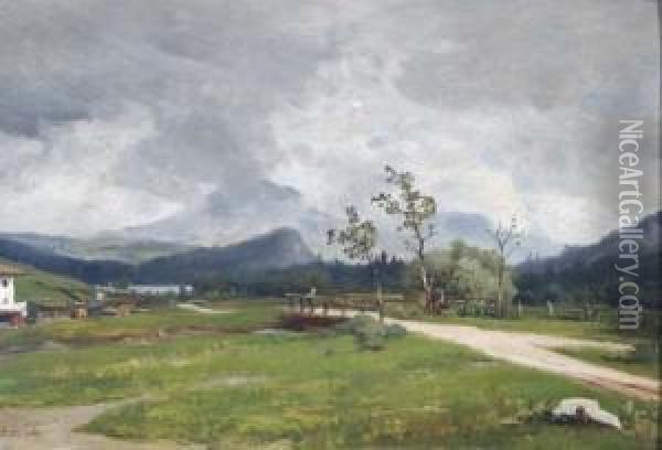 Gebirgslandschaft, Links Ein Gehoft Im Hintergrund Die Berge Oil Painting - Heinrich Steinike