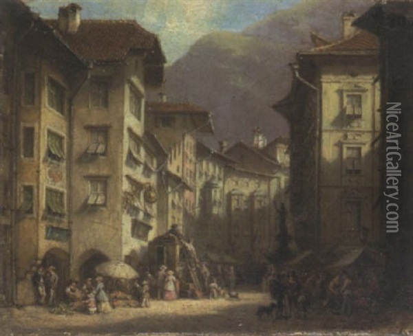 Markttreiben In Einer Altstadtgasse Oil Painting - Ferdinand Petzl