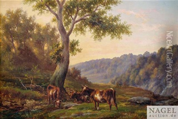 Landschaft Mit Schafen. Landschaft Mit Rindern. Gegenstucke Oil Painting - Henry Harold Vickers