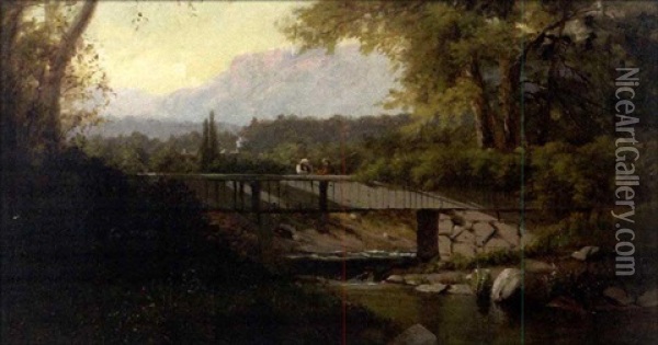 Fisherman On A Bridge Over A Stream Oil Painting - George Lafayette Clough