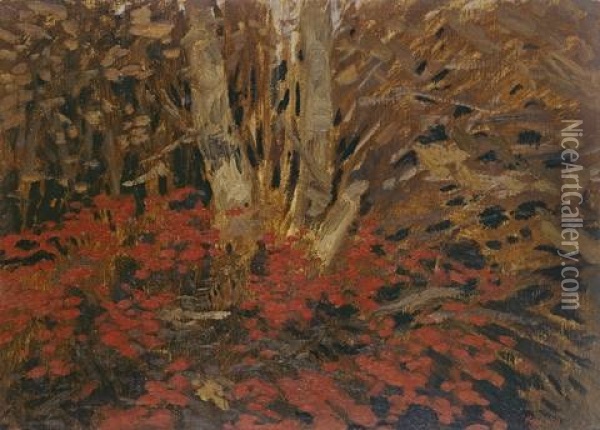 Birkenstamme Zwischen Roten Blumen Oil Painting - Hans am Ende