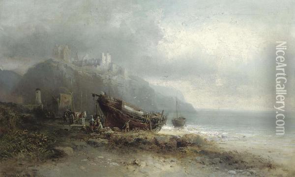 Salvaging The Wreck On The Foreshore Below Peel Castle, Isle Of Man Oil Painting - Franz Emil Krause