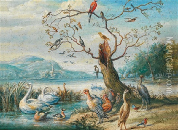 Weite Flusslandschaft Mit Schwanen, Enten Und Exotischen Vogeln Oil Painting - Jan van Kessel the Elder