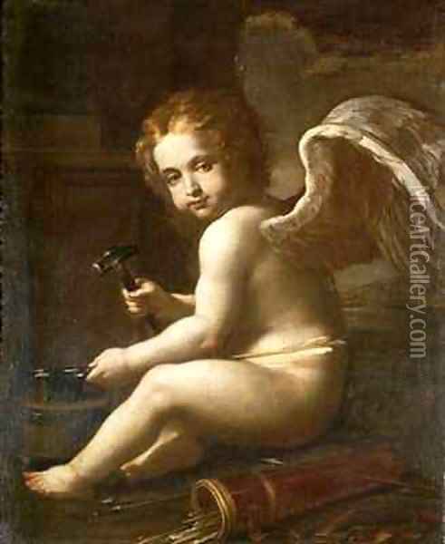 Cupid Sharpening his Arrows Oil Painting - Francesco Giovanni Gessi