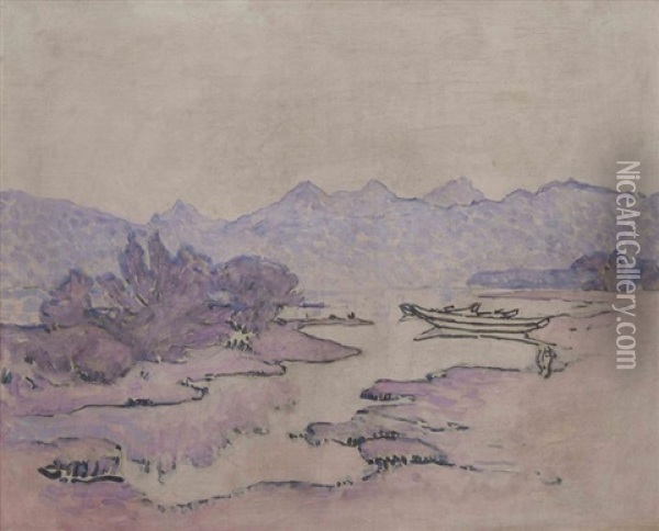 Paysage Aux Montagnes Et Barques Amarrees Oil Painting - Louis Rheiner