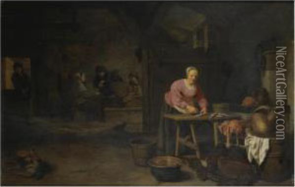 An Interior With A Peasant Woman Gutting Fish Oil Painting - Hendrick Maertensz. Sorch (see Sorgh)