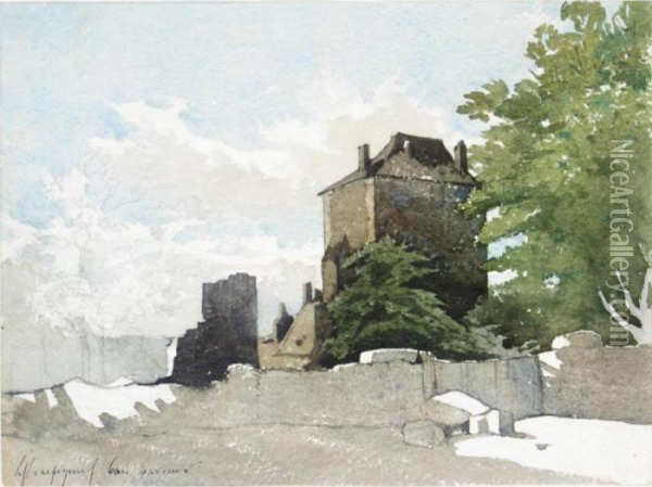 A House And Other Buildings Within A Walled Garden Oil Painting - Henri-Joseph Harpignies