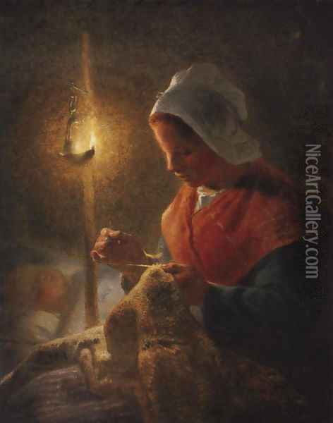 Woman Sewing By Lamplight 1870-1872 Oil Painting - Jean-Francois Millet