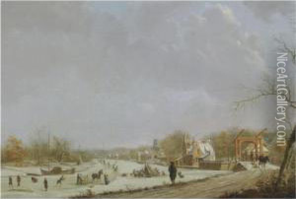 A Winter View Of Leiden With Figures Skating On The Oil Painting - Gerrit Toorenburg