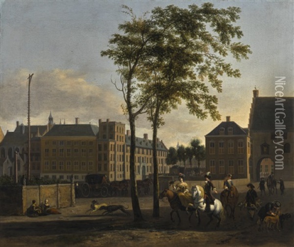 The Hague, A View Of The Plaats And The Buitenhof, With An Elegant Hawking Party Oil Painting - Gerrit Adriaensz Berckheyde