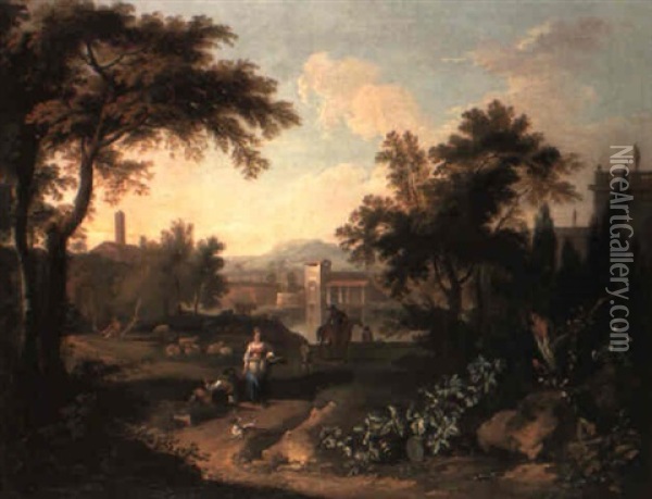 A Classical Landscape With A Horseman Near A River And Herdsmen Oil Painting - Adriaen Van Diest