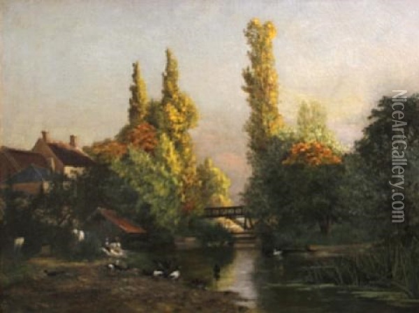 An Extensive River Landscape With Washerwomen And Ducks In The Foreground Oil Painting - Paul-Leon Gagneau