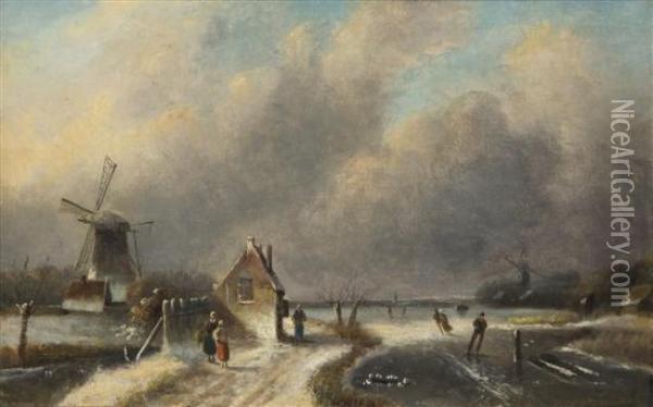 Figures Skating On A Frozen Lake Oil Painting - Charles Henri Leickert