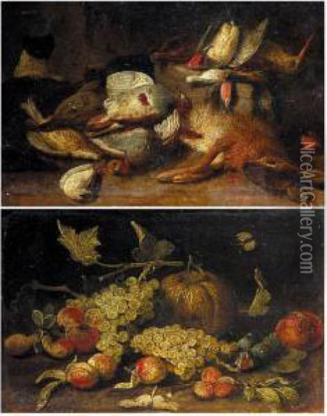 Still Life With A Pumpkin, Figs,
 Grapes, Apricots Together With A Pomegranate; Still Life With 
Partridges, Snipe, Finches And Other Birds Together With A Hare Oil Painting - Jan van Kessel