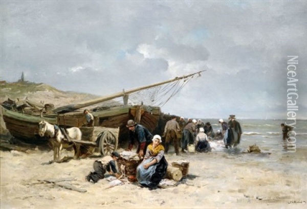 Fischer Entladen Ihren Fang Am Strand Oil Painting - Johannes Marius ten Kate