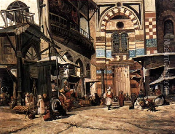 Figures In An Arab Street Market Oil Painting - Ludwig Hans Fischer