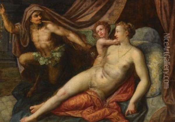 Venus And Cupid Together With A Satyr Oil Painting - Dirk de Quade van Ravesteyn