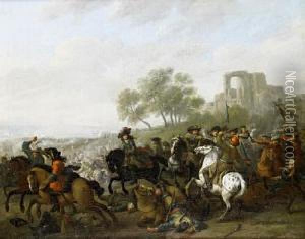 A Cavalry Skirmish In An Open Landscape, Aruined Village On The Horizon Oil Painting - Jan van Huchtenburg