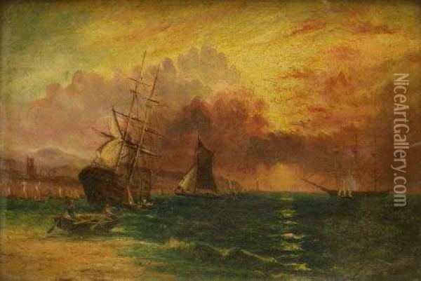 Boats Off The Coast At Sunrise Oil Painting - Edward King Redmore