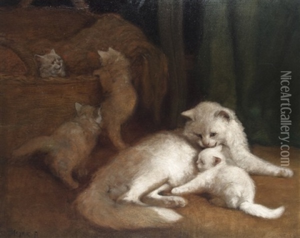Cat With Kitten Oil Painting - Arthur Heyer