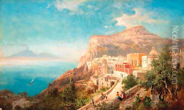 Figures on a coastal path with Capri beyond Oil Painting - Italian School