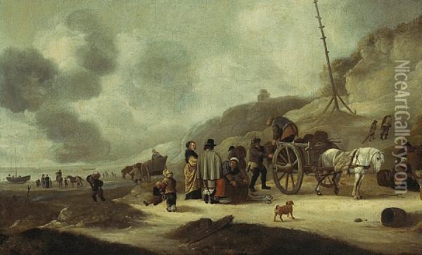 A Couple Watching A Fishmonger Loading A Horsedrawn Wagon On The Beach Oil Painting - Isaack Jansz. van Ostade