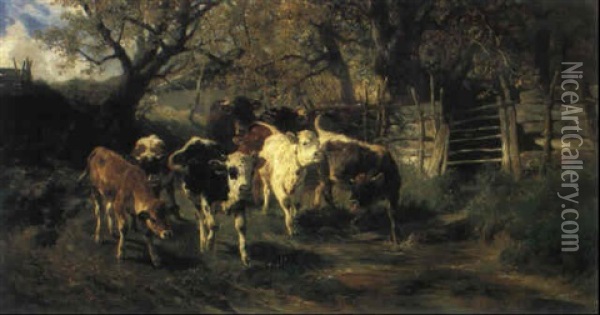 Kuhe Und K,lber Auf Dem Heimweg Oil Painting - Anton Braith